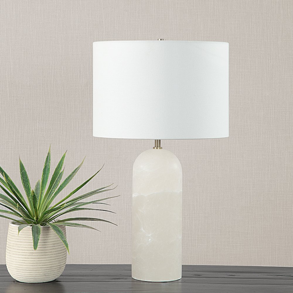 Ixia 25" Tall Plated Antique Brushed Brass Iron Table Lamp With Drum Linen Shade. Picture 2
