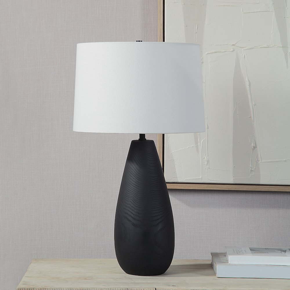 Tala 30" Tall Powder Coated Matte Black Iron Table Lamp With Tapered Linen Shade. Picture 2
