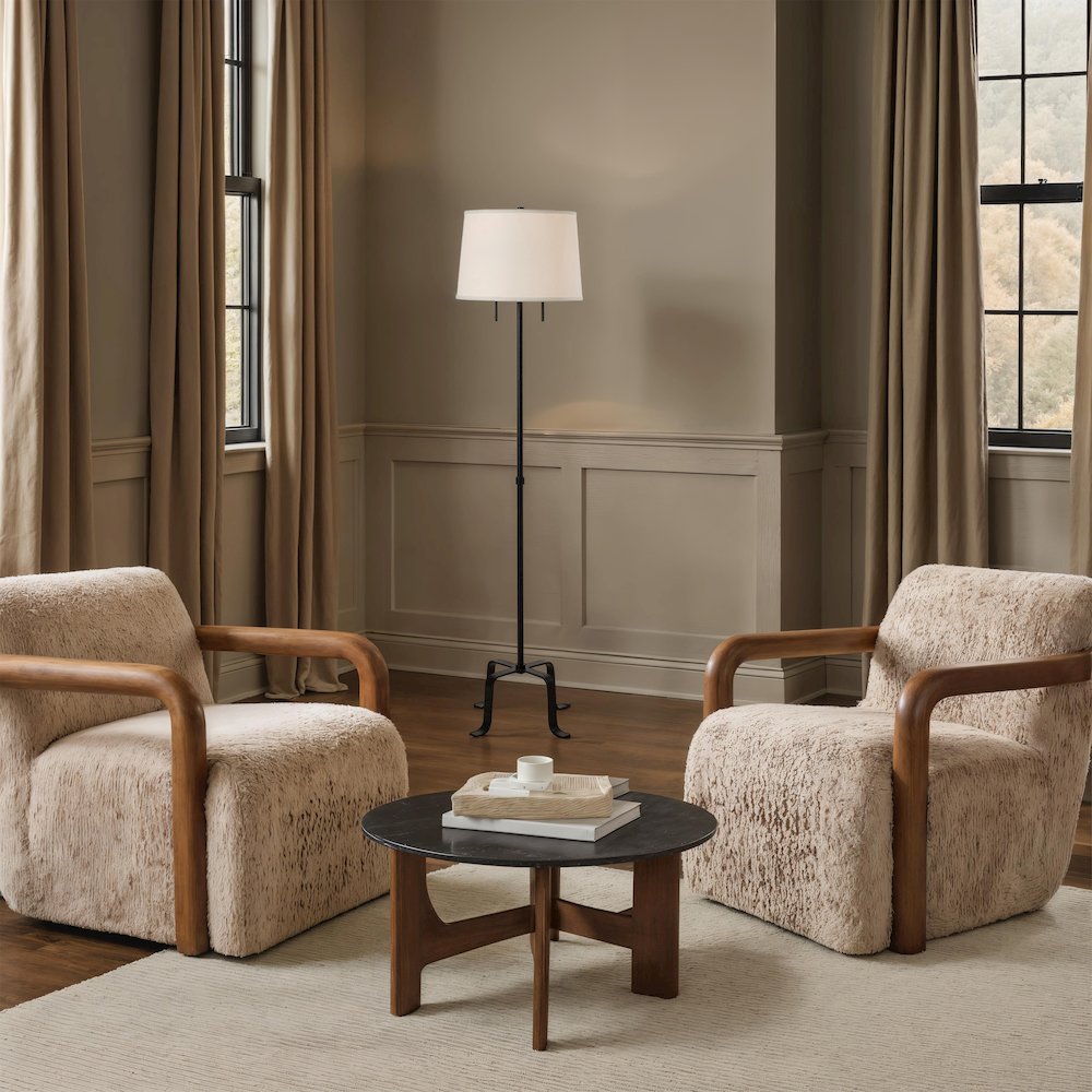 Ruslur 62.75" Tall Matte Black Floor Lamp with Tapered Linen Shade. Picture 4