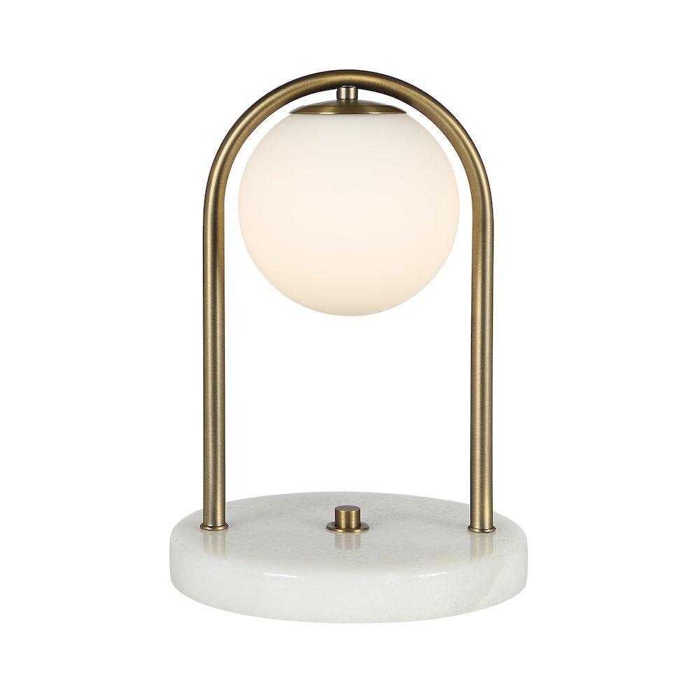 11.75" Tall Dark Antique Brushed Brass Iron Table Lamp with Round Glass Shade. Picture 2