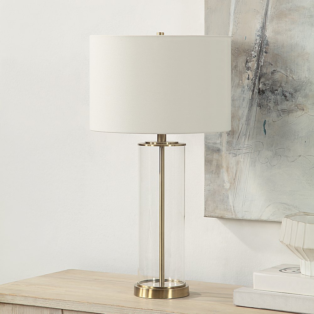 Saco 28" Tall Satin Brass Glass Table Lamp With Drum Linen Shade (Set Of 2). Picture 2