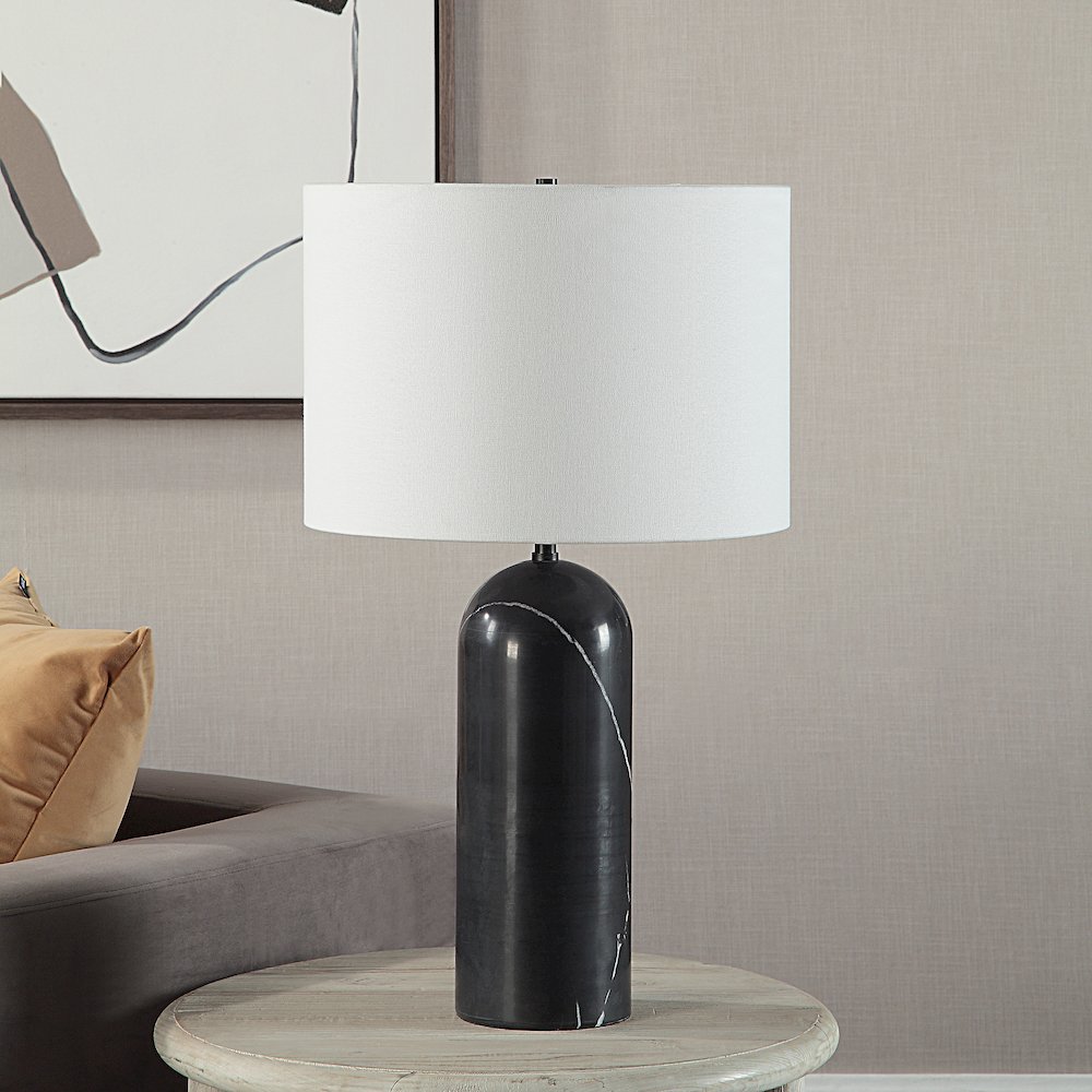 Tyne 25" Tall Powder Coated Matte Black Iron Table Lamp With Drum Linen Shade. Picture 2