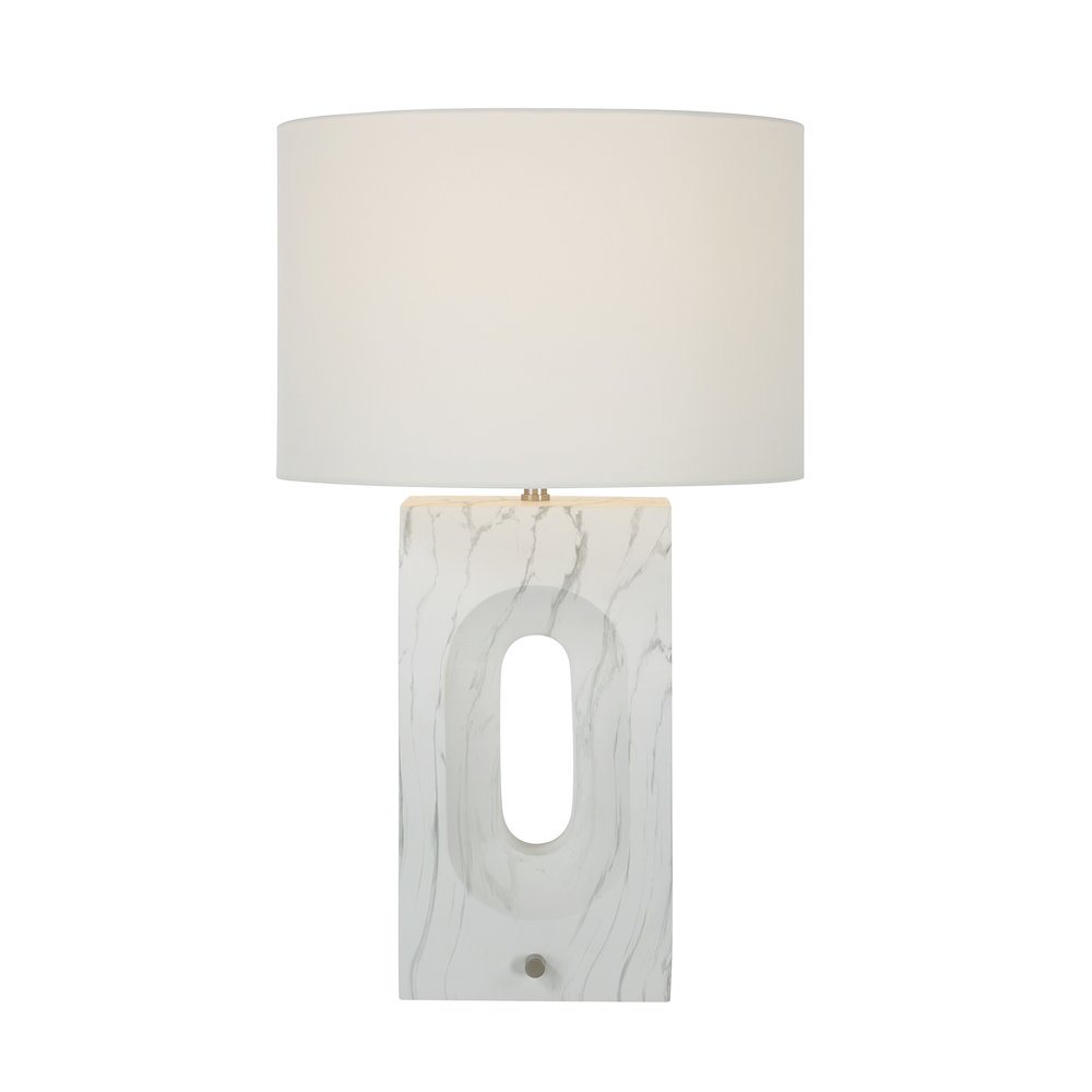 Scriba 27.5" Tall Textured Matte White Resin Table Lamp with Drum Linen Shade. Picture 2