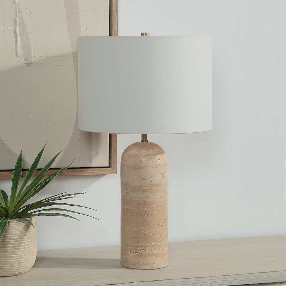 25" Tall Plated Antique Brushed Brass Iron Table Lamp With Drum Linen Shade. Picture 2