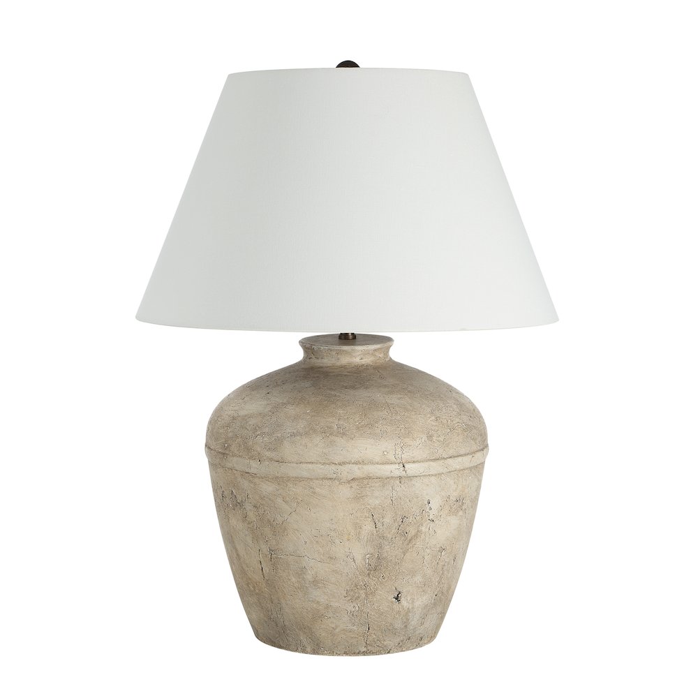 29" Tall Distressed Brown And Beige Ceramic Table Lamp with Tapered Linen Shade. Picture 1