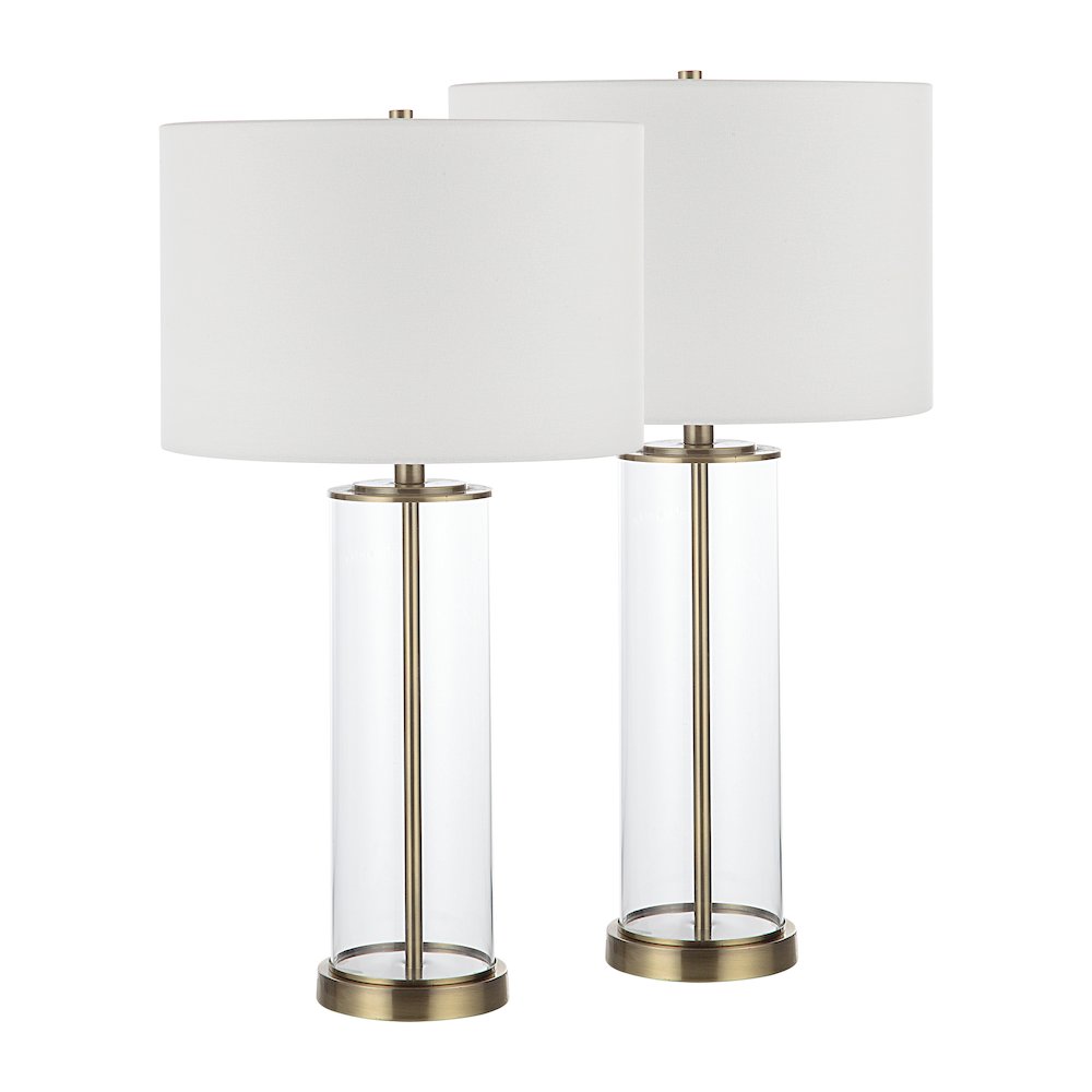 Saco 28" Tall Satin Brass Glass Table Lamp With Drum Linen Shade (Set Of 2). Picture 1