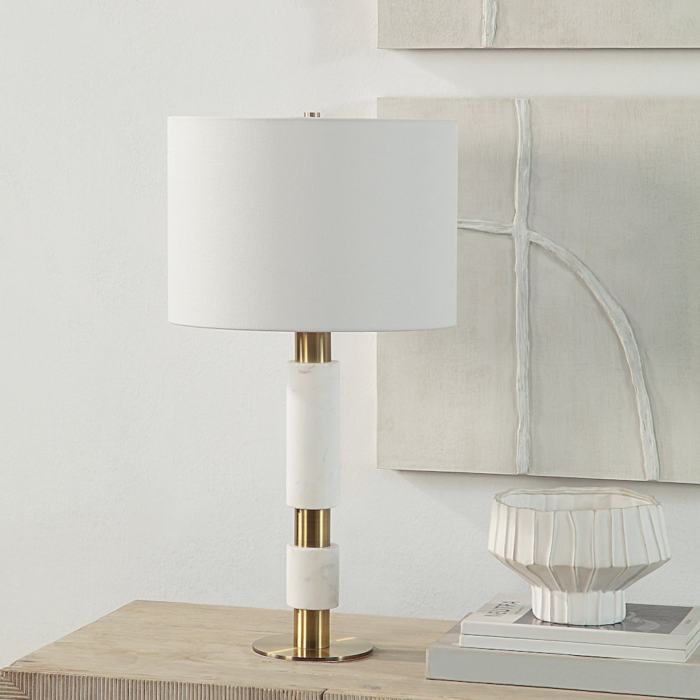 Pirot 27" Tall Antique Brushed Brass Iron Table Lamp With Tapered Linen Shade. Picture 2
