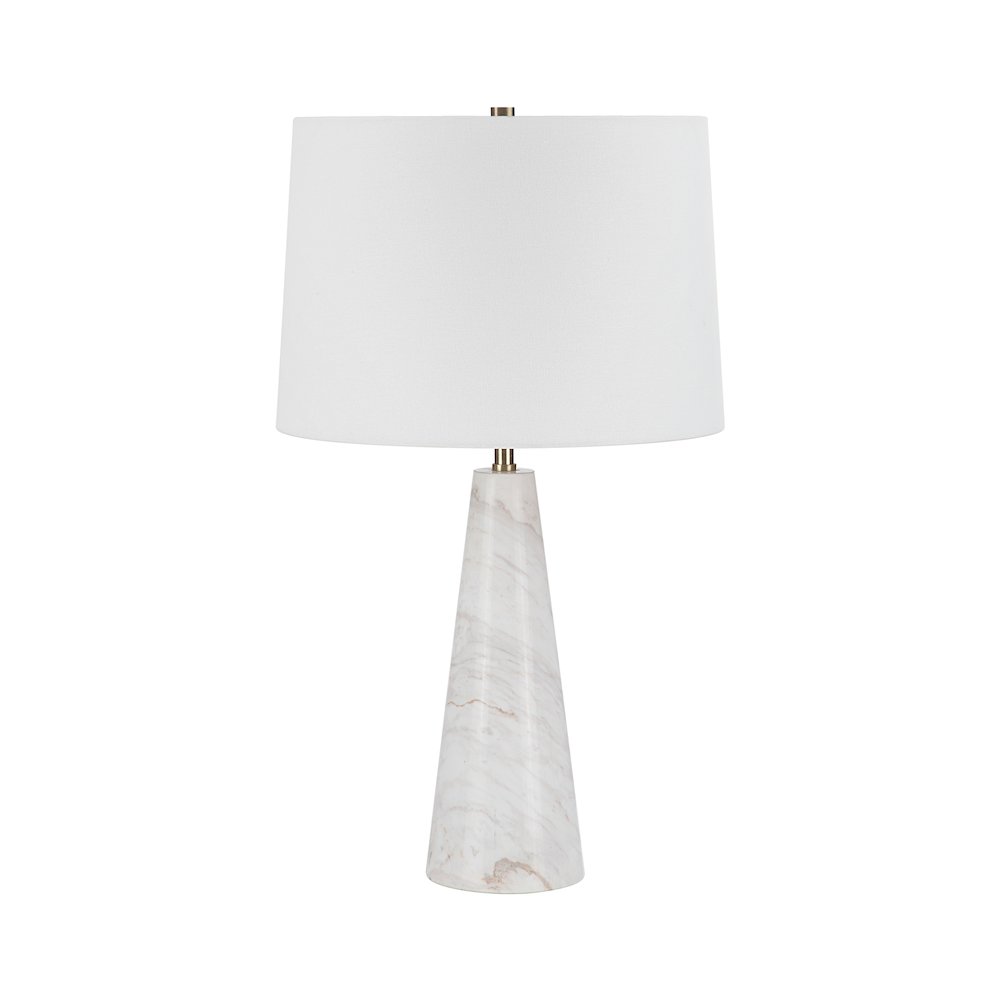 25" Tall Plated Antique Brushed Brass Iron Table Lamp With Tapered Linen Shade. Picture 1