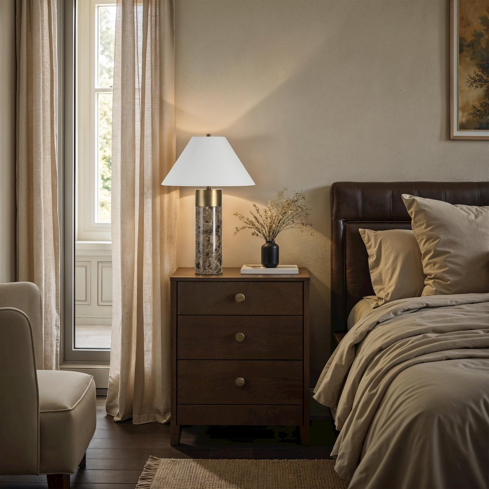 Aria 25" Tall Brown Emperador Marble Table Lamp with Tapered Linen Shade. Picture 3