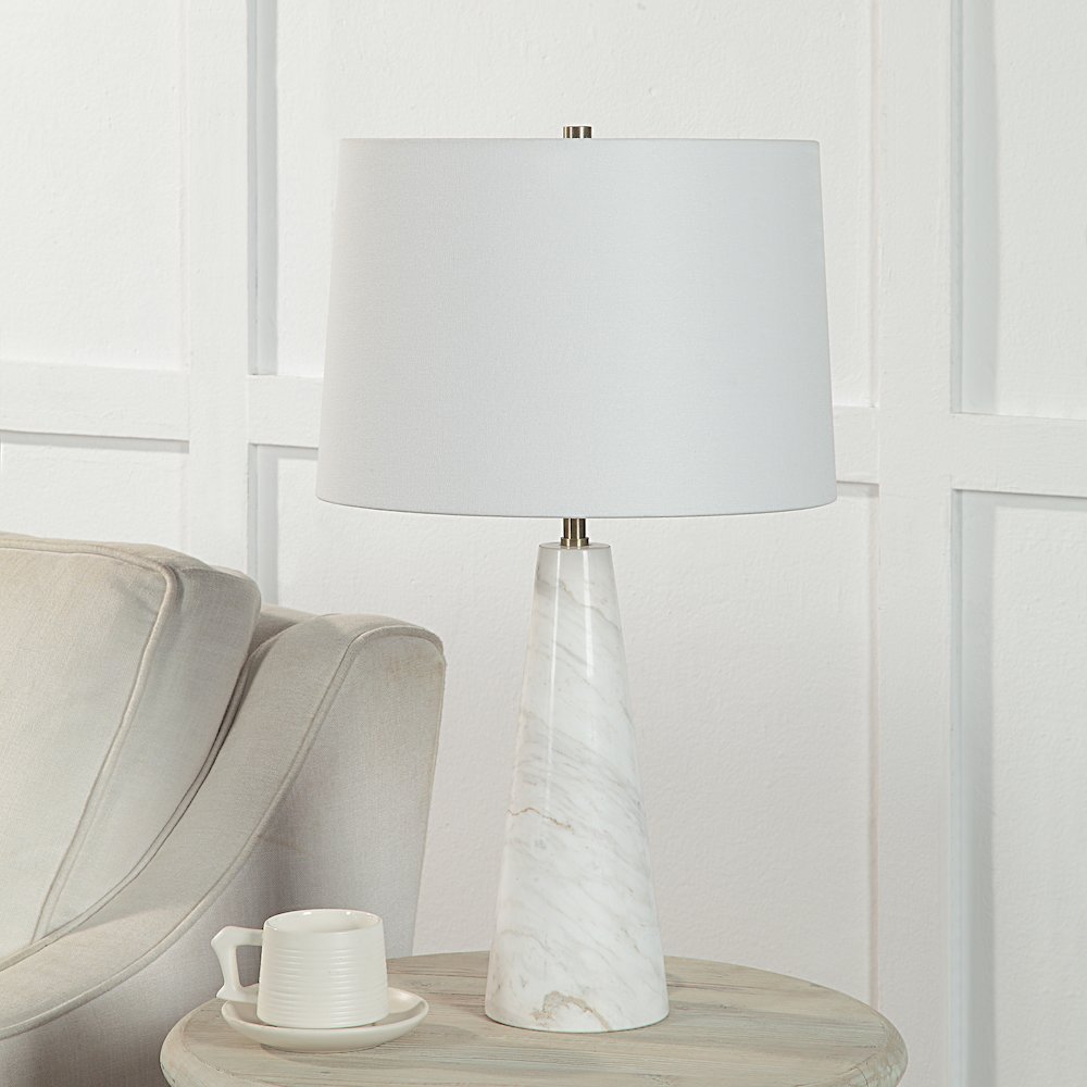 25" Tall Plated Antique Brushed Brass Iron Table Lamp With Tapered Linen Shade. Picture 2