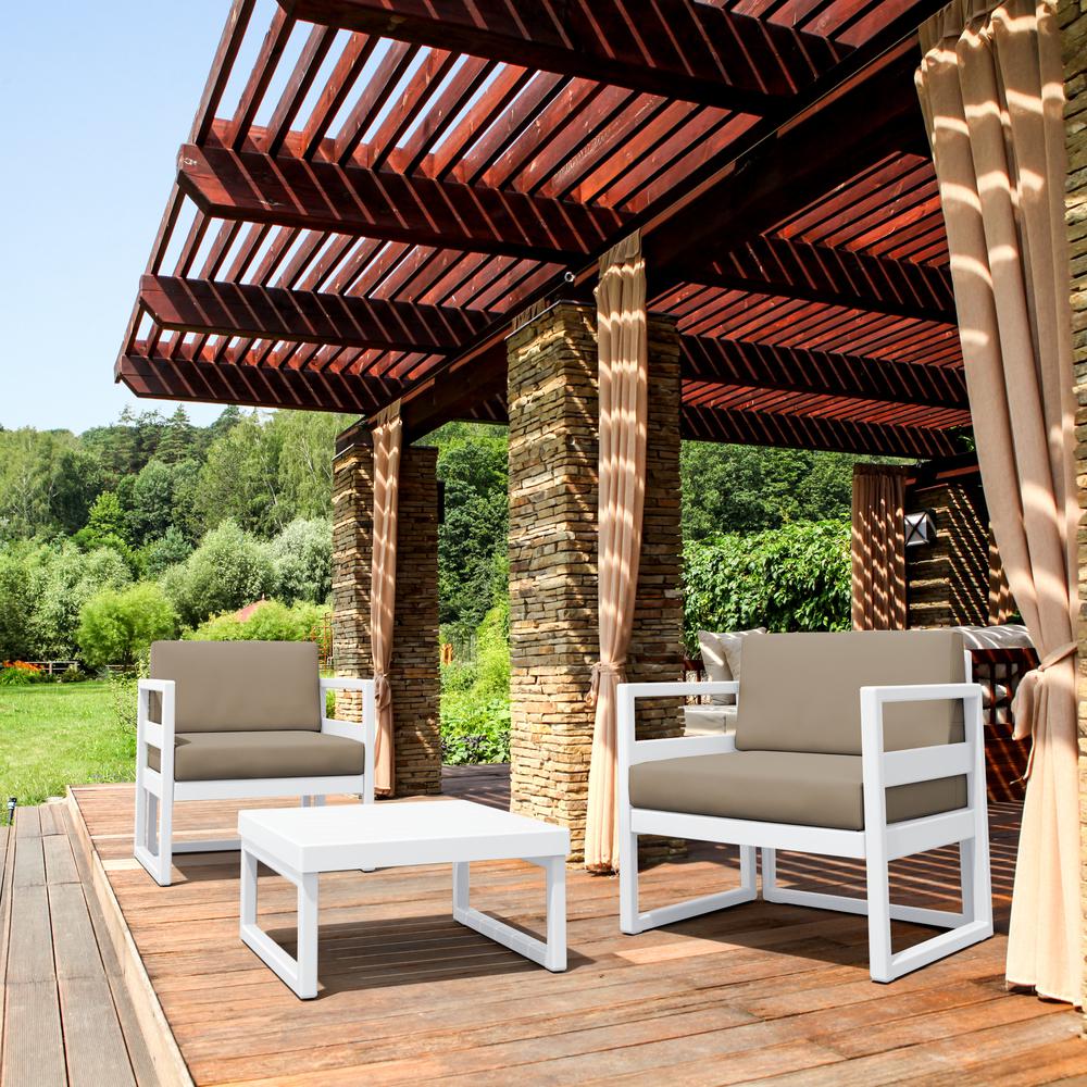 Mykonos Club Seating Set 3 piece White with Sunbrella Taupe Cushion. Picture 1