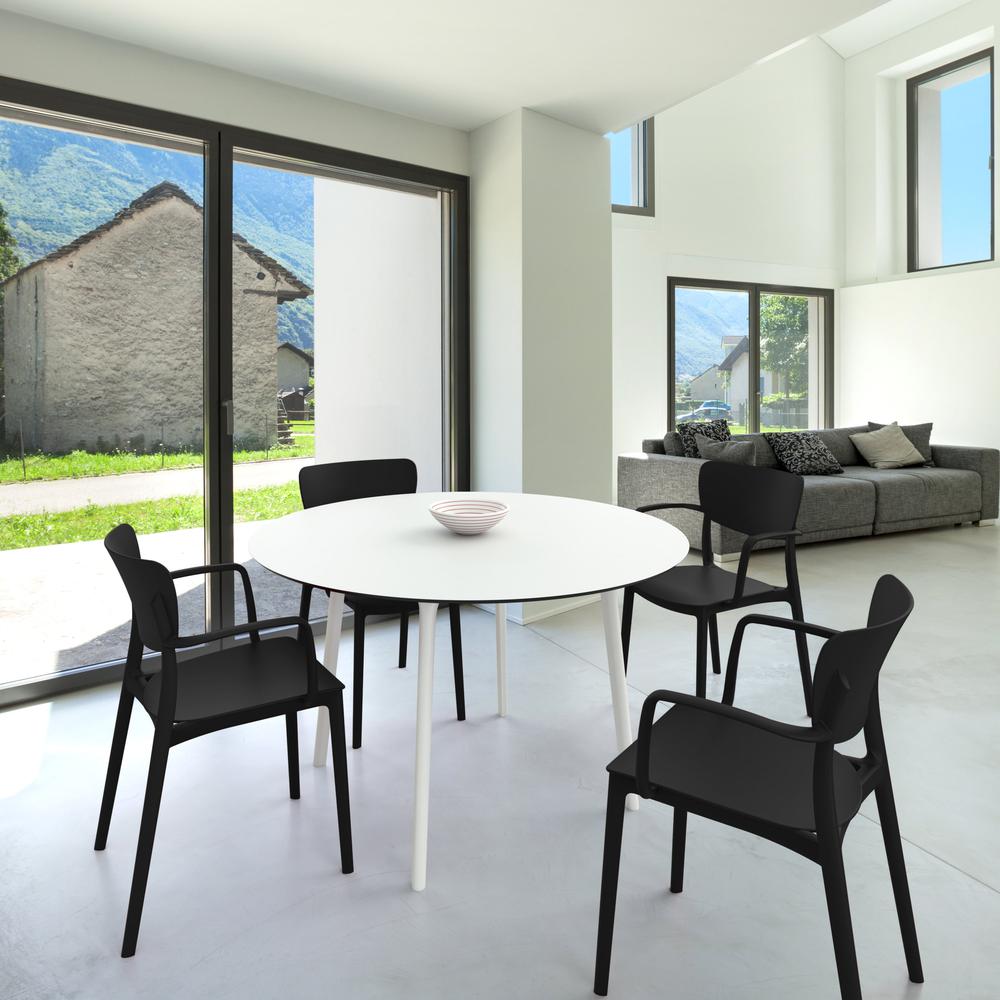 Lisa Round Dining Set with 47 inch White Table and Black Armcairs. Picture 1