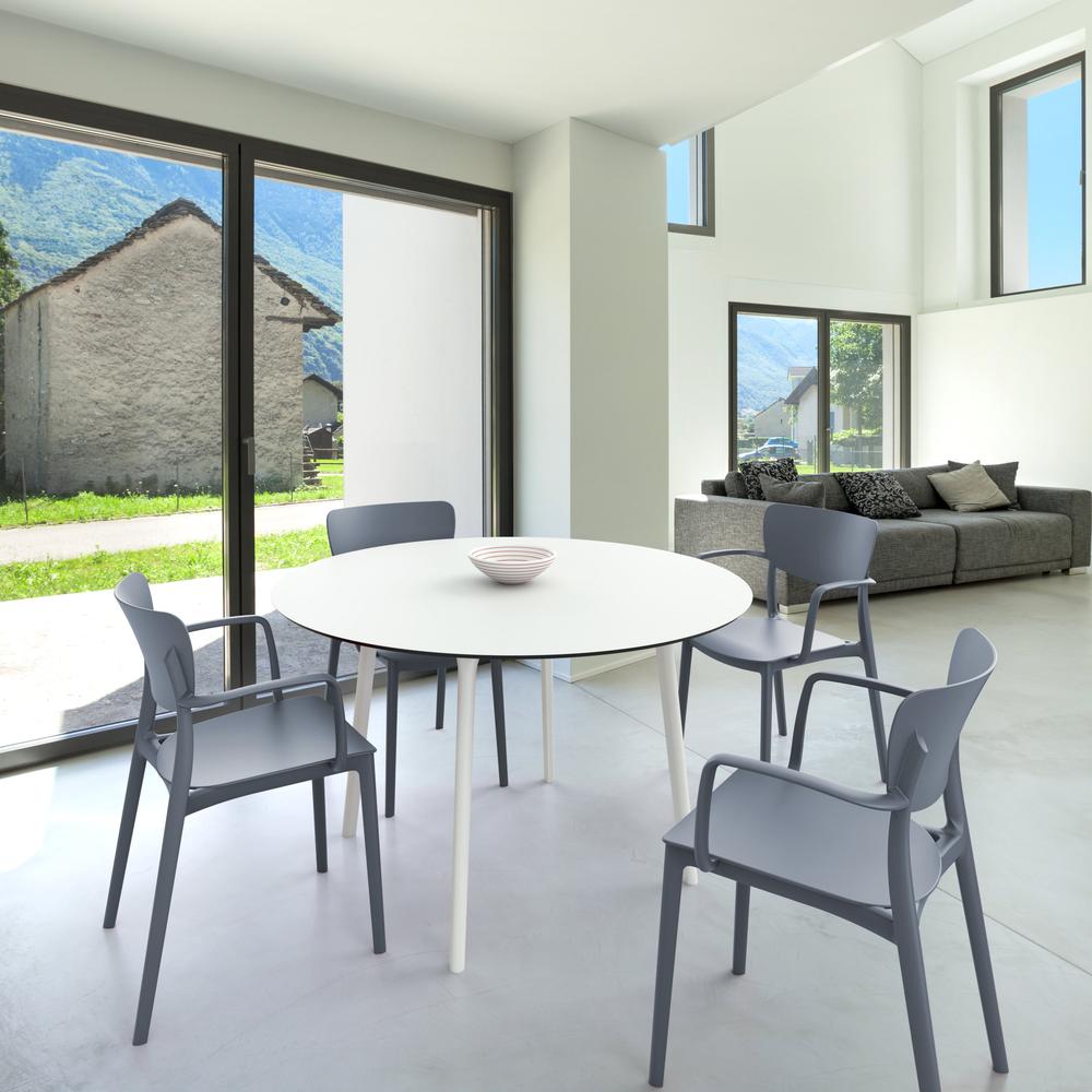 Lisa Round Dining Set with 47 inch White Table and Dark Gray Armcairs. Picture 1