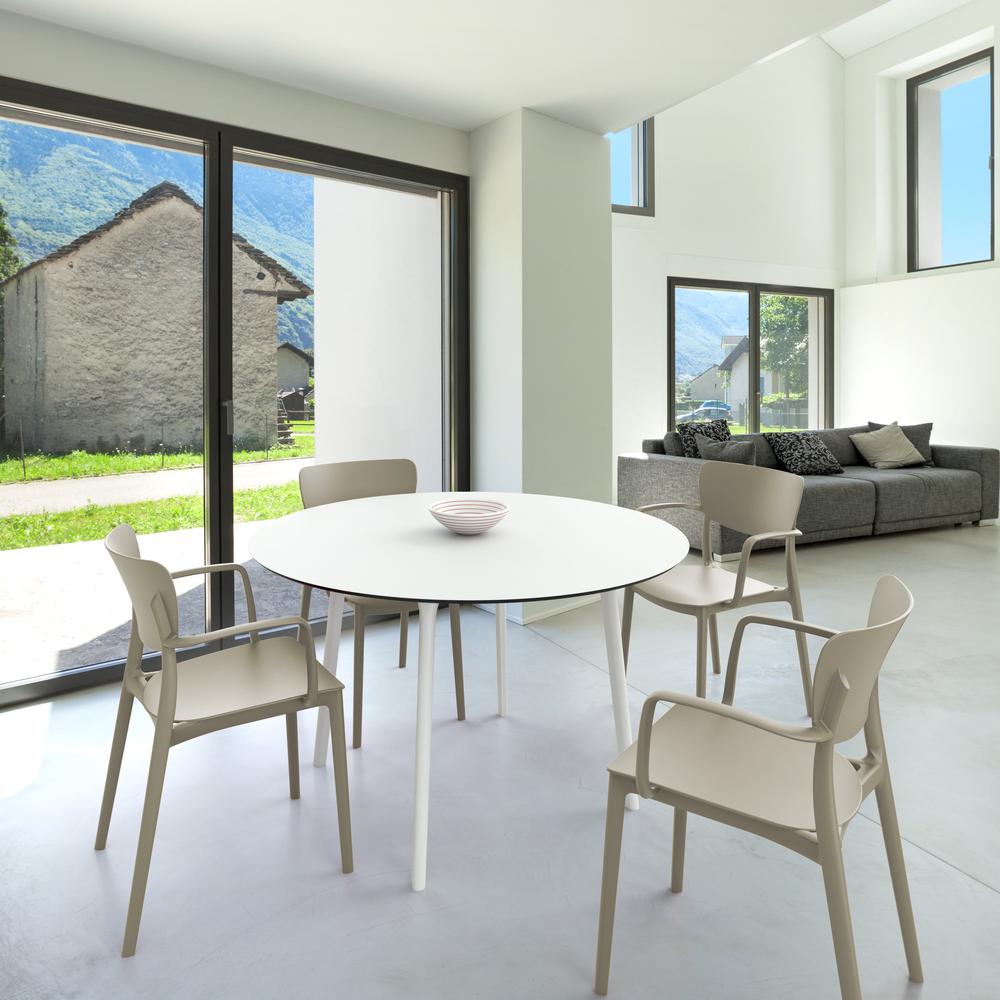 Lisa Round Dining Set with 47 inch White Table and Taupe Armcairs. Picture 1