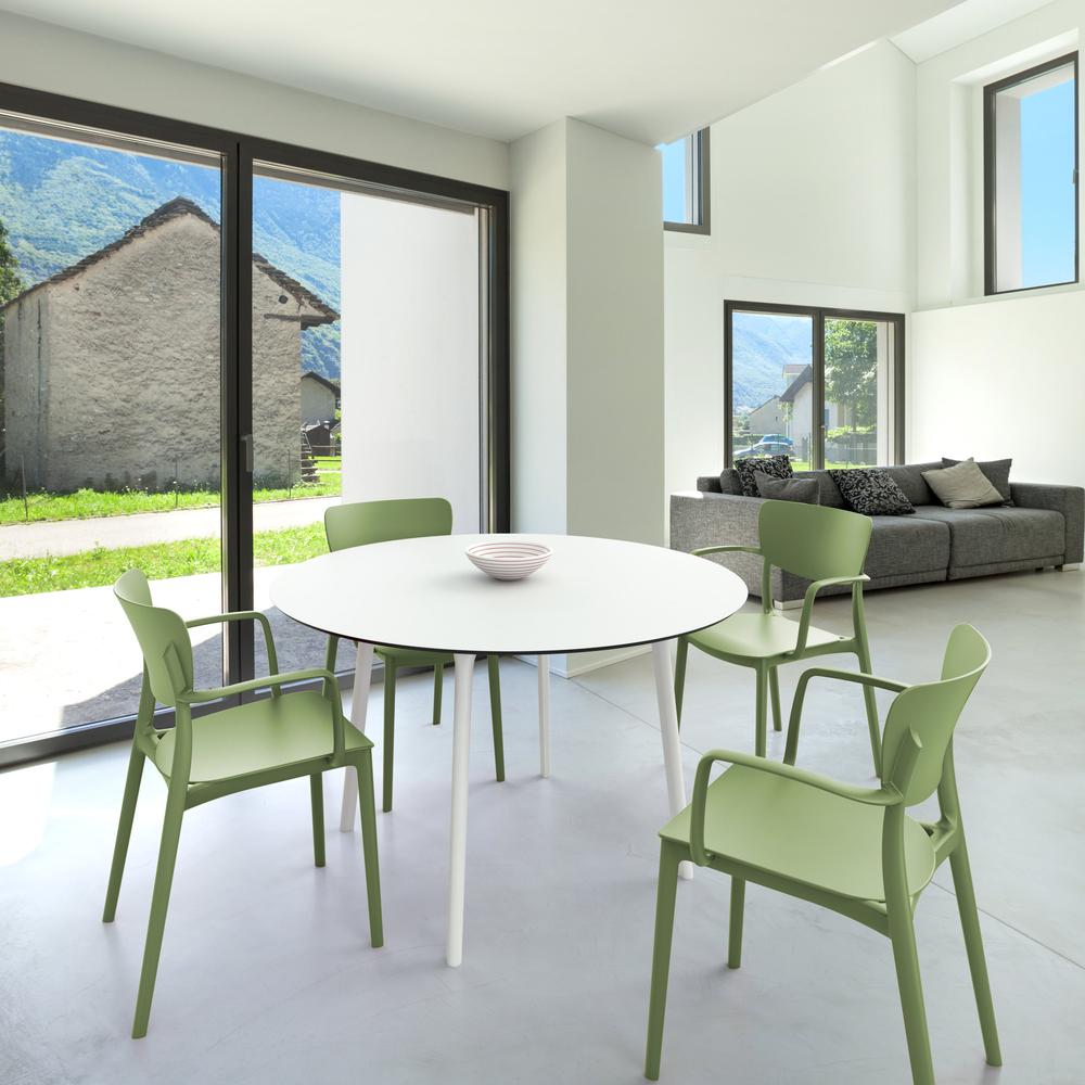 Lisa Round Dining Set with 47 inch White Table and Olive Green Armcairs. Picture 1