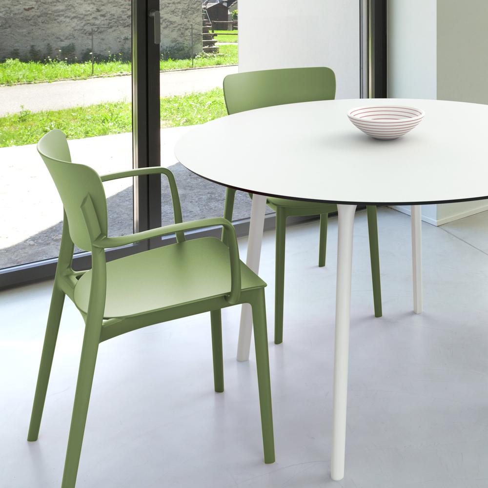 Lisa Round Dining Set with 47 inch White Table and Olive Green Armcairs. Picture 2