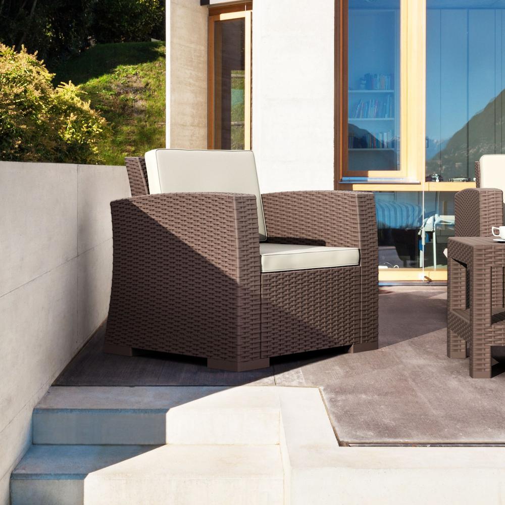 Monaco Resin Patio Club Chair Brown with Sunbrella Natural Cushion. Picture 16