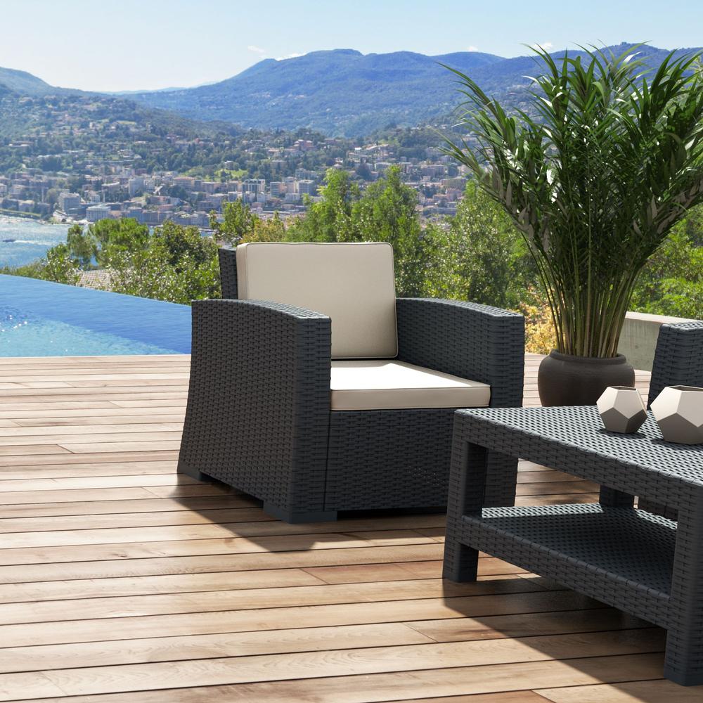 Monaco Resin Patio Club Chair Dark Gray with Sunbrella Natural Cushion. Picture 13