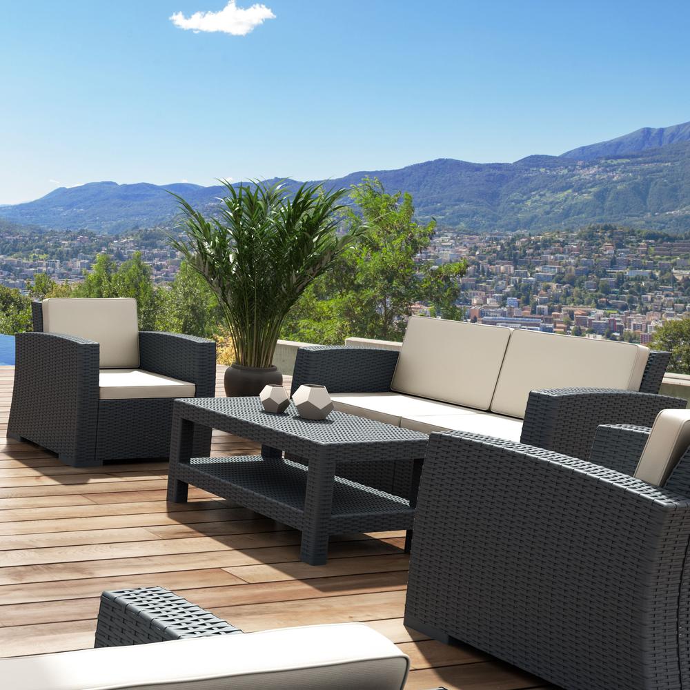 Monaco Resin Patio Loveseat Dark Gray with Sunbrella Natural Cushion. Picture 7