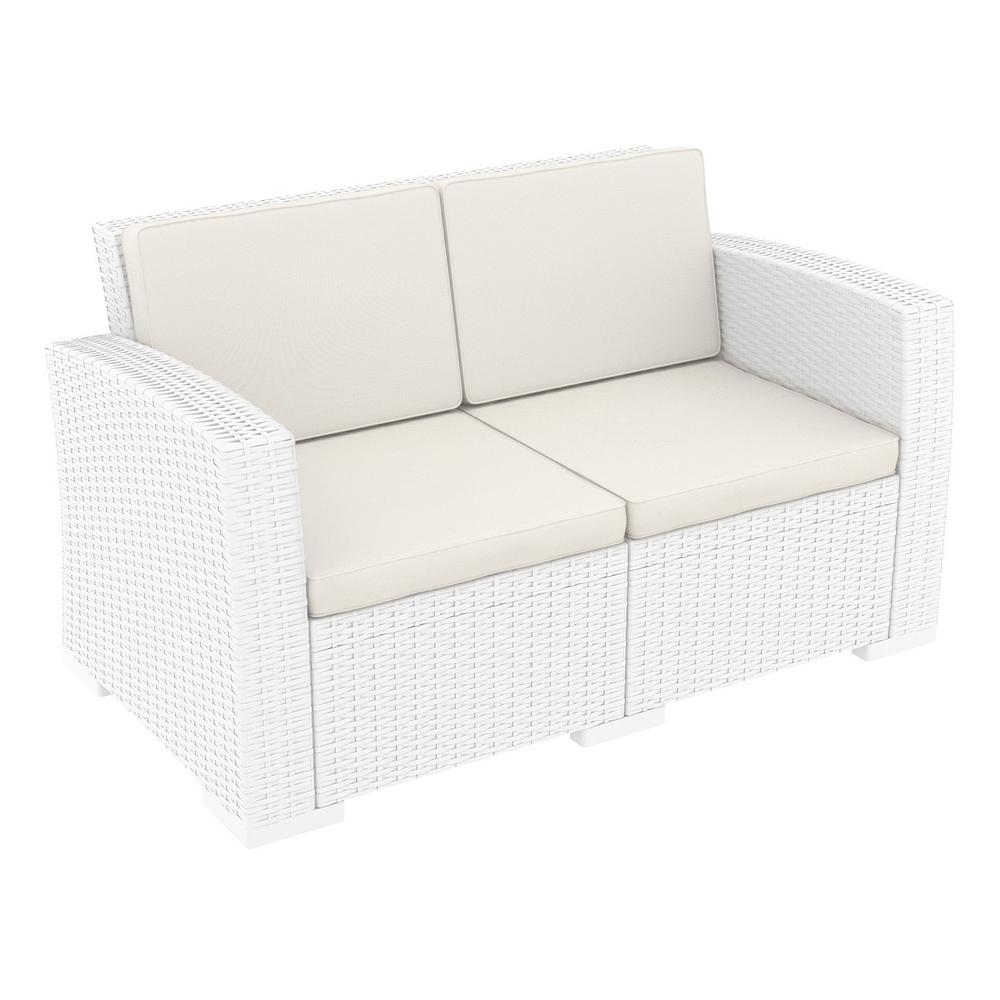 Wickerlook Loveseat with Sunbrella Natural Cushion, White,  Belen Kox. Picture 1