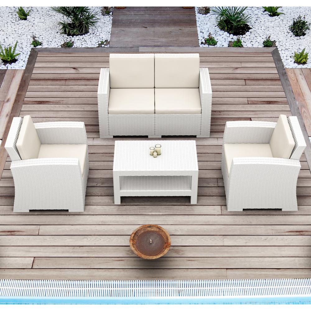 Wickerlook Loveseat with Sunbrella Natural Cushion, White,  Belen Kox. Picture 7