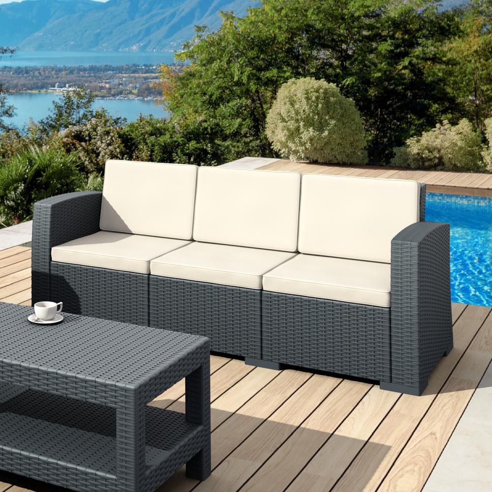 Monaco Resin Patio Sofa Dark Gray with Sunbrella Natural Cushion. Picture 9