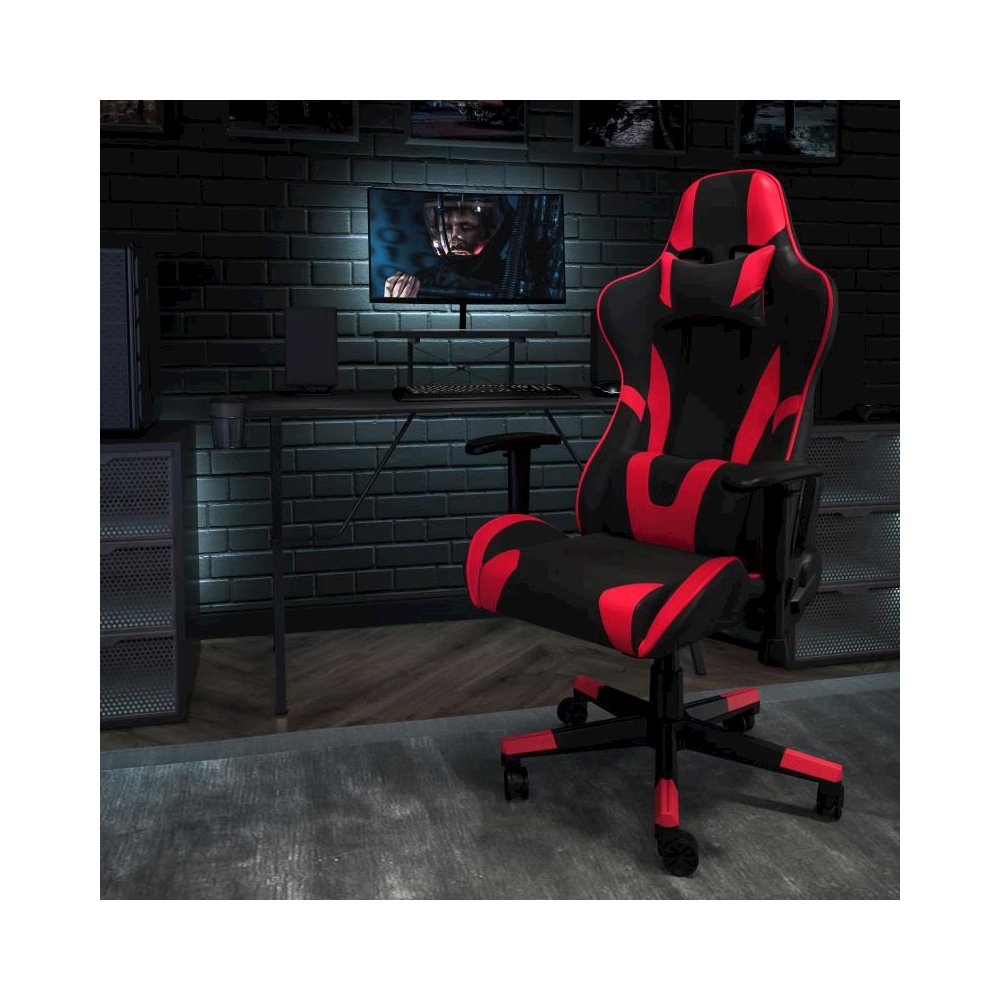 Black Gaming Desk and Red/Black Reclining Gaming Chair Set with Cup Holder, Headphone Hook, and Monitor/Smartphone Stand. Picture 2