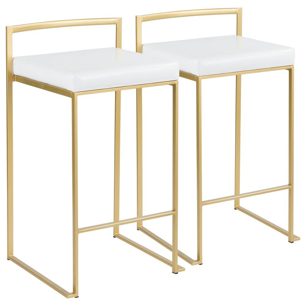 Contemporary-Glam Counter Stool in Gold with White Faux Leather Set of 2. Picture 1