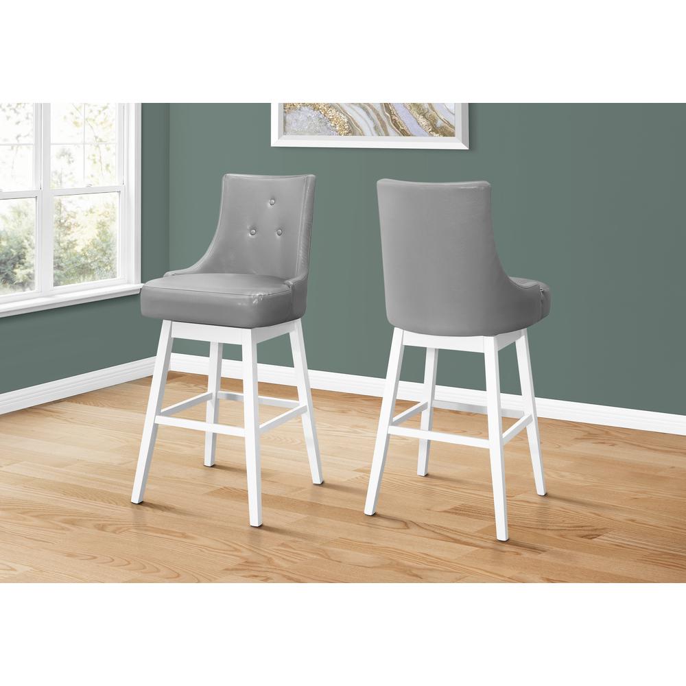 Bar Stool, Set Of 2, Swivel, Bar Height, White Wood, Grey Leather Look. Picture 2