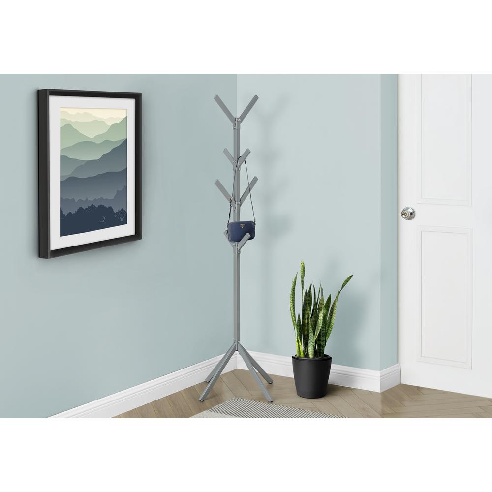 Coat Rack, Hall Tree, Free Standing, 8 Hooks, Entryway, 70H, Bedroom, Grey. Picture 8