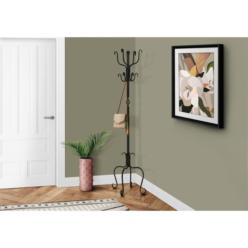 Coat Rack, Hall Tree, Free Standing, 8 Hooks, Entryway, 74H, Bedroom, Black. Picture 9