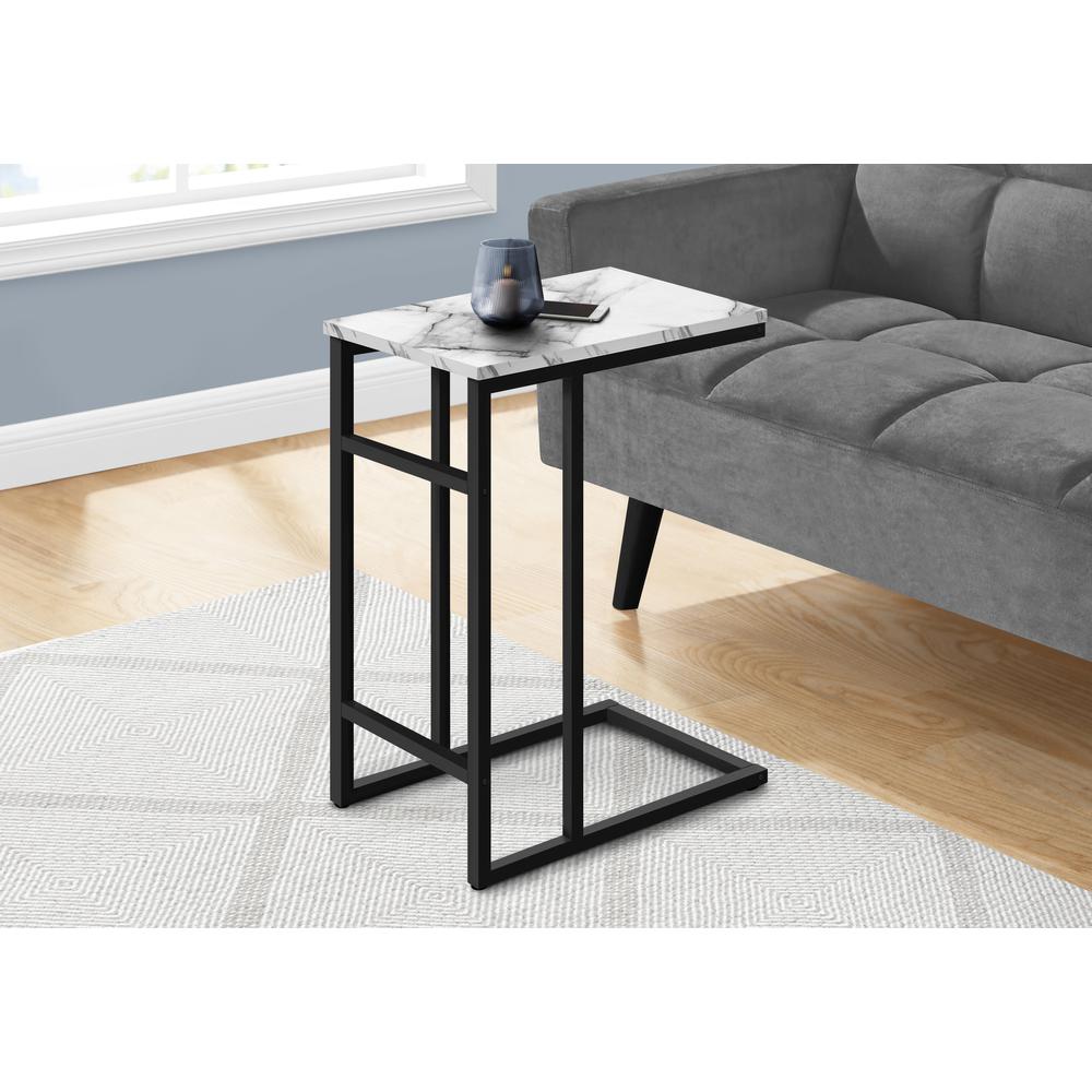 Accent Table, C-shaped, End, Side, Snack, Living Room, Bedroom, White Marble. Picture 2