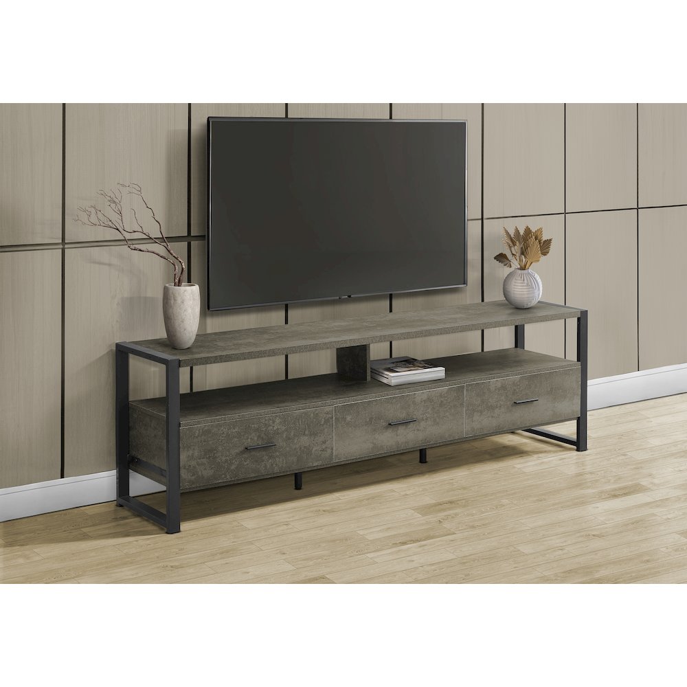 Tv Stand, 72 Inch Dark Bronze Laminate, Black Metal, Contemporary, Modern. Picture 2
