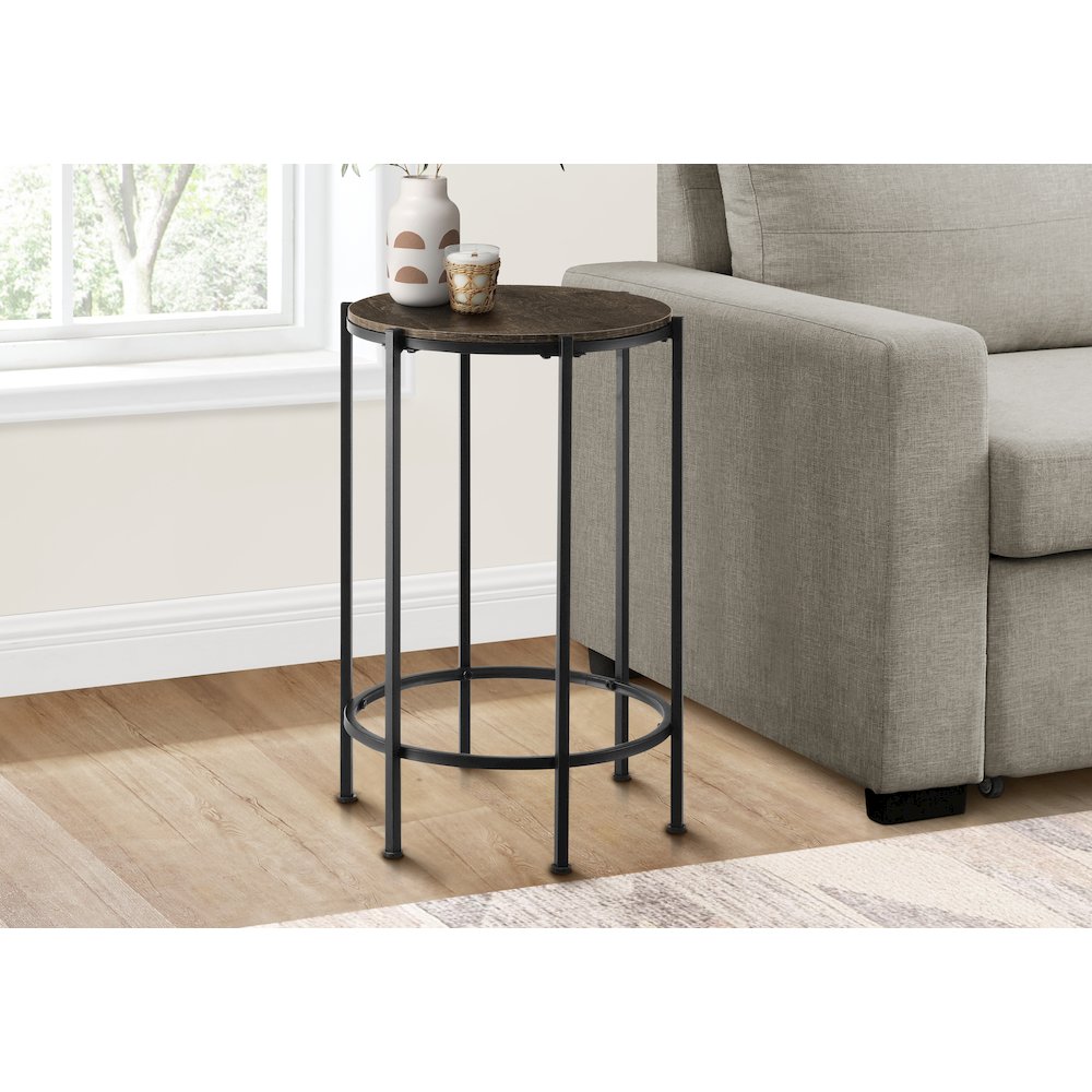 Accent Table, End, Round Dark Oak Laminate, Black Metal, Contemporary. Picture 2