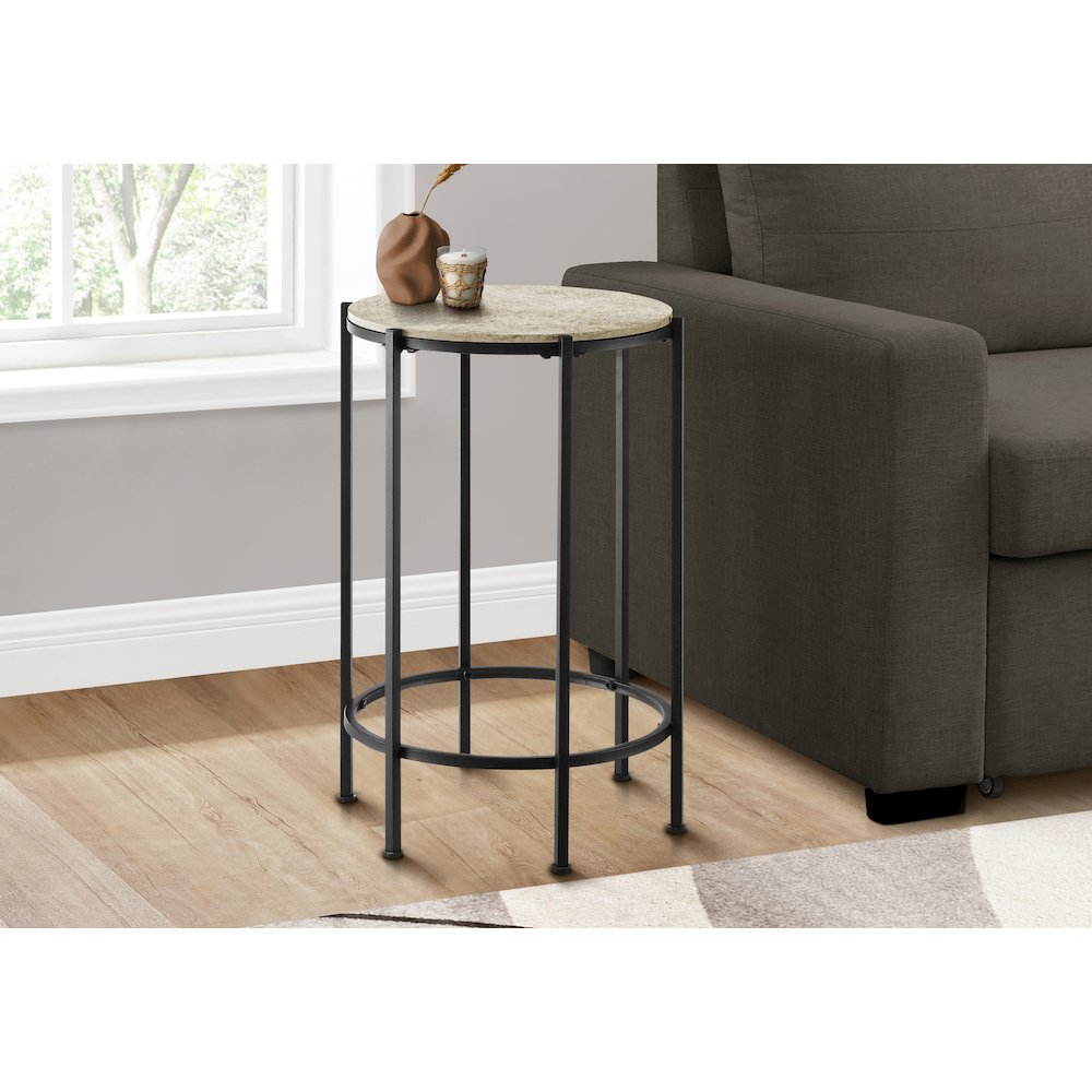 Accent Table, End, Round Cream Stone Laminate, Black Metal, Contemporary. Picture 2