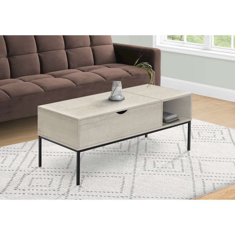 Coffee Table, 42 L, Rectangular, Cocktail, Lift-top, Washed Oak, Black Metal. Picture 2