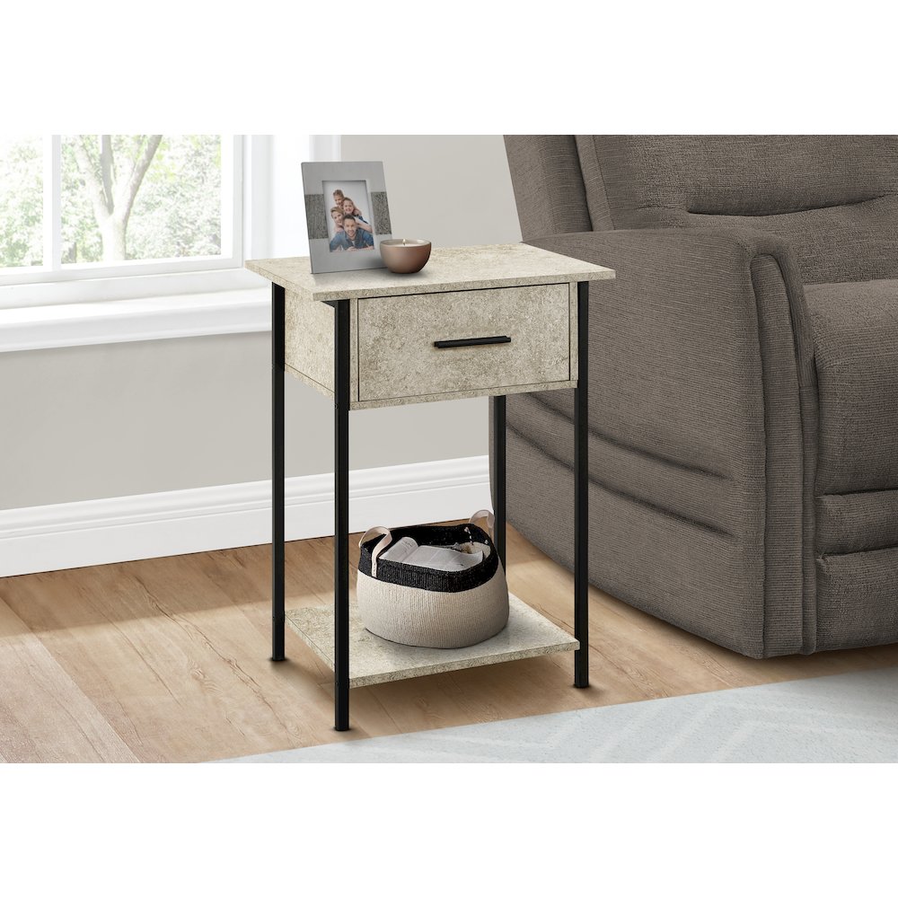 Accent Table, 2 Tier, End Cream Stone Laminate, Black Metal, Contemporary. Picture 2