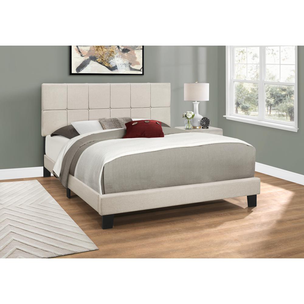 Bed, Queen Size, Bedroom, Upholstered, Beige Linen Look, Black Wood Legs. Picture 8