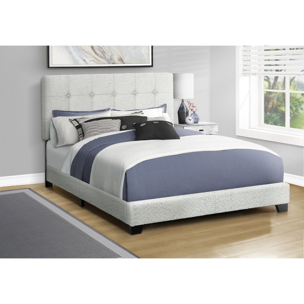 Bed, Queen Size, Upholstered, Frame Only, Bedroom, Light Grey Boucle. Picture 2
