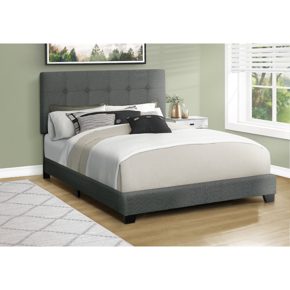 Bed, Bedroom, Frame Only, Queen Size, Upholstered, Dark Grey Boucle. Picture 2