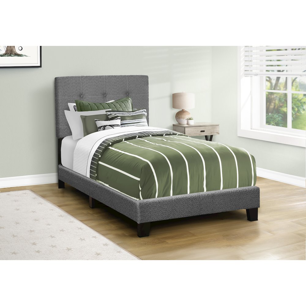 Bed, Twin Size, Upholstered, Dark Grey Boucle, Transitional. Picture 2