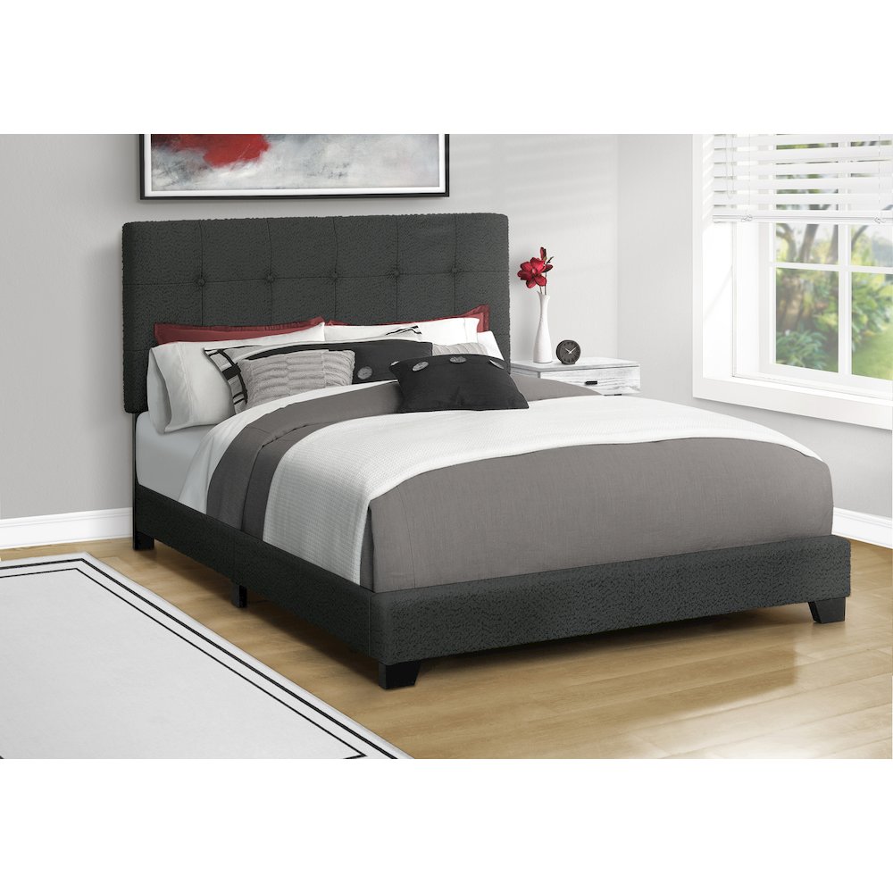 Bed, Bedroom, Frame Only, Queen Size, Upholstered, Black Boucle, Transitional. Picture 2