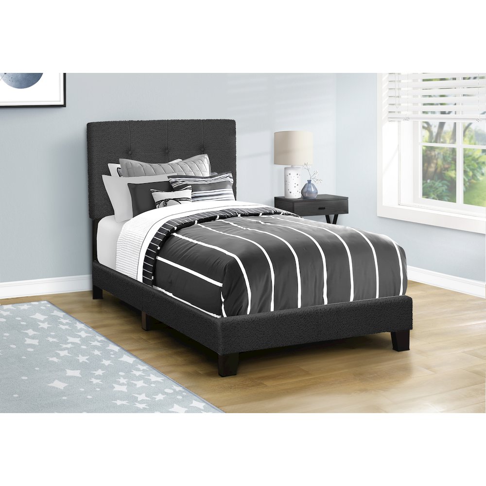 Bed, Twin Size, Upholstered Black Boucle, Transitional. Picture 2