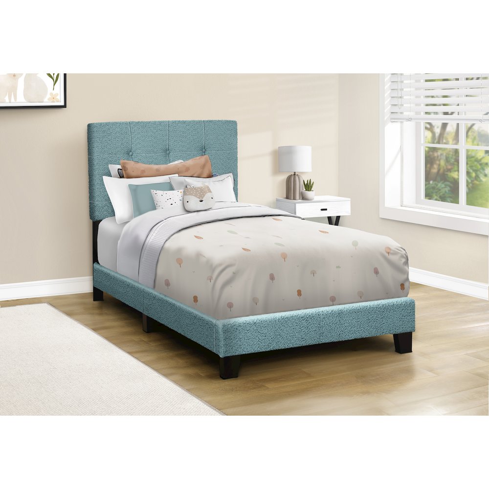 Bed, Twin Size, Upholstered Light Blue Boucle, Transitional. Picture 2