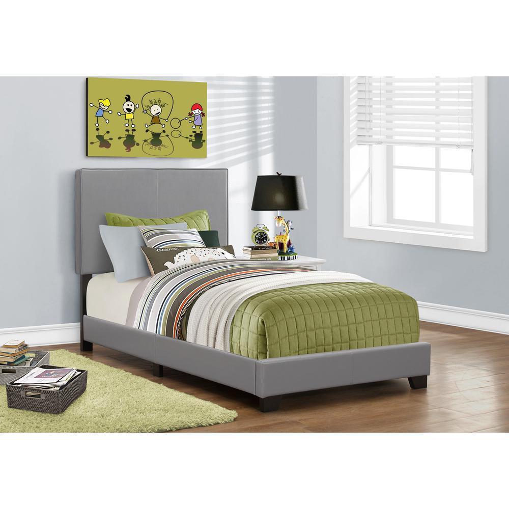 Bed, Twin Size, Bedroom, Upholstered, Grey Leather Look, Transitional. Picture 2