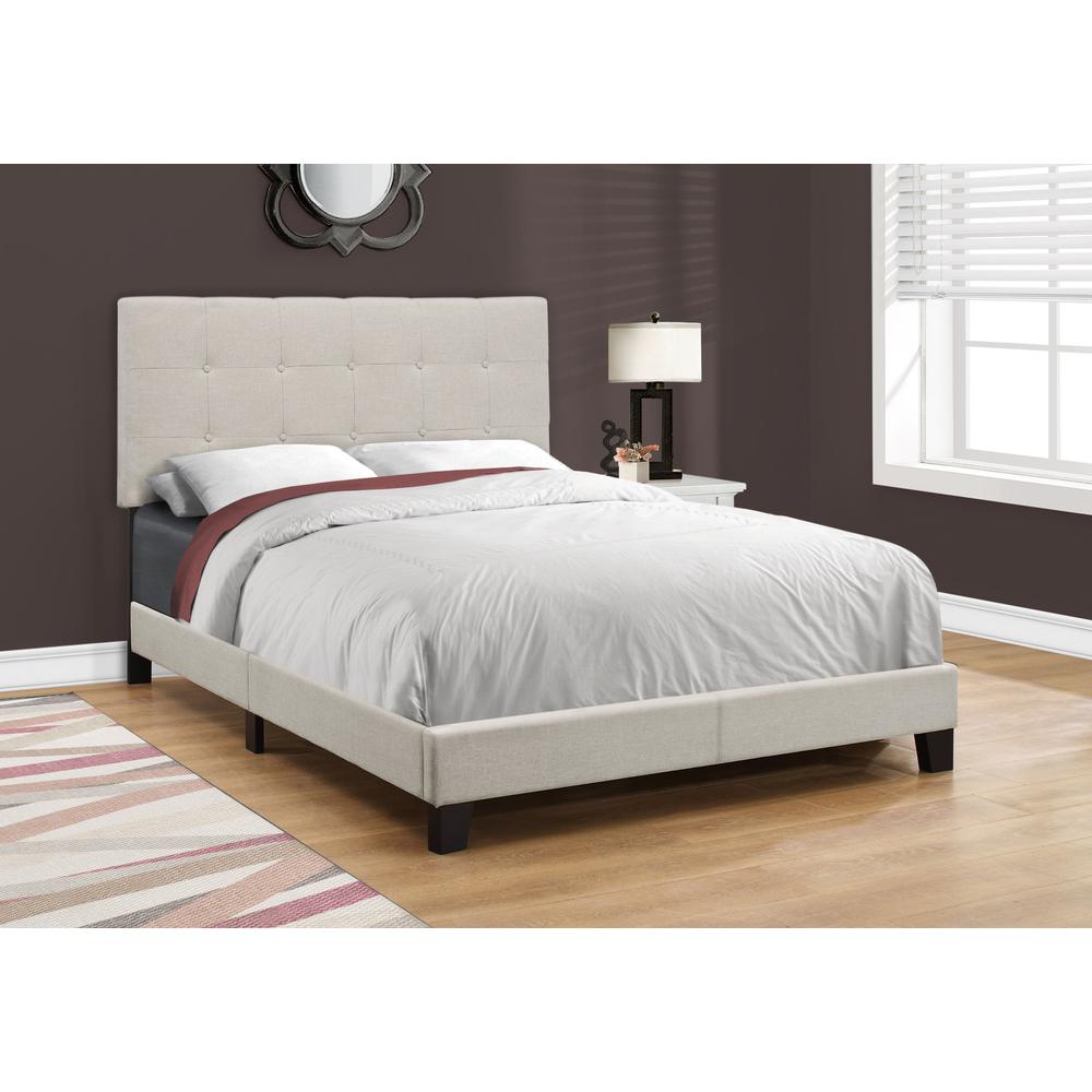 Bed, Full Size, Bedroom, Upholstered, Beige Linen Look, Black Wood Legs. Picture 2