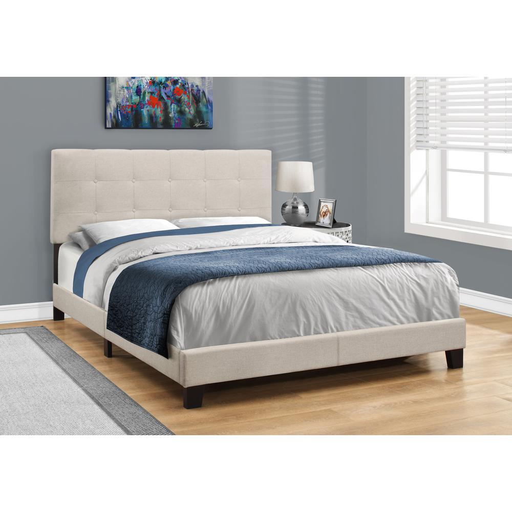 Bed, Queen Size, Bedroom, Upholstered, Beige Linen Look, Black Wood Legs. Picture 8