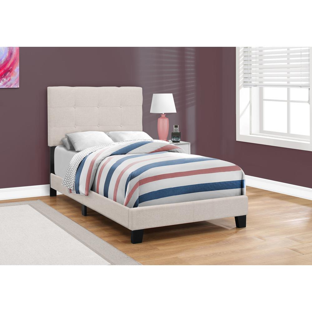 Bed, Twin Size, Upholstered, Bedroom, Frame Only, Youth, Teen, Juvenile, Beige. Picture 3