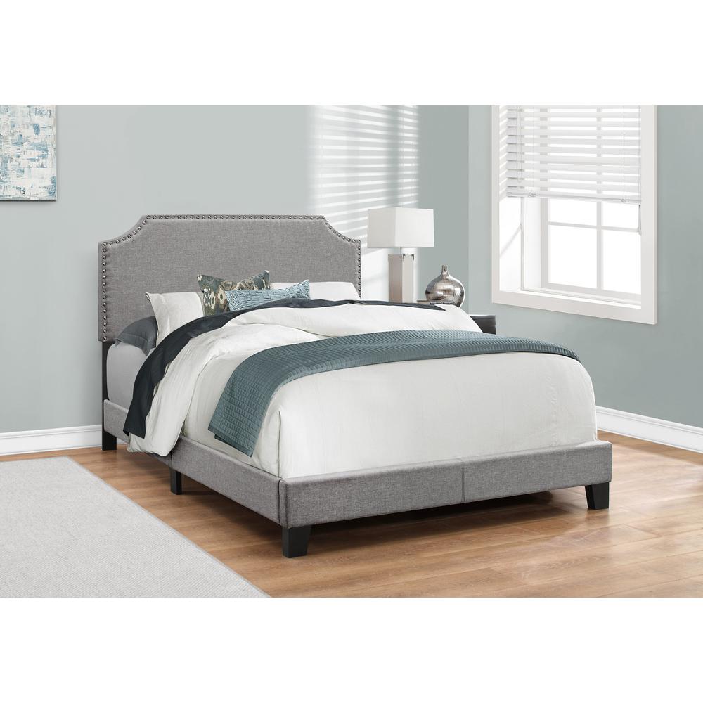 Bed, Full Size, Bedroom, Upholstered, Grey Linen Look, Chrome Trim. Picture 2
