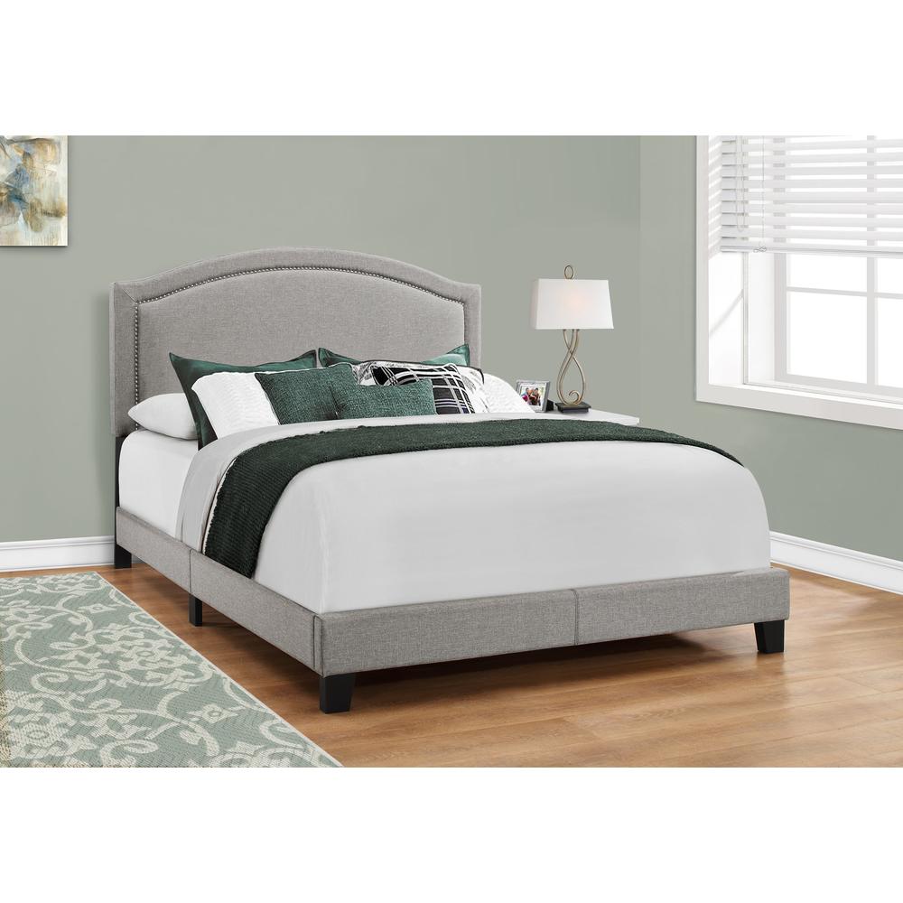 Bed, Queen Size, Bedroom, Upholstered, Grey Linen Look, Chrome Trim. Picture 2